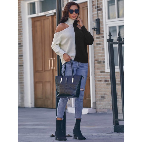 Ribbed Two Toned cold Shoulder cutout Turtleneck Sweater white black - Picture 4 of 6